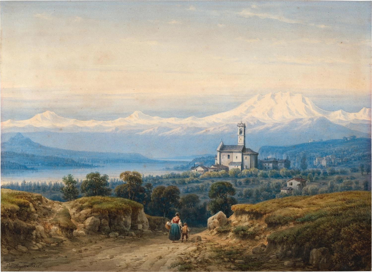 29-Vista di una chiesa su un lago italiano settentrionale in primavera con le Alpi innevate 